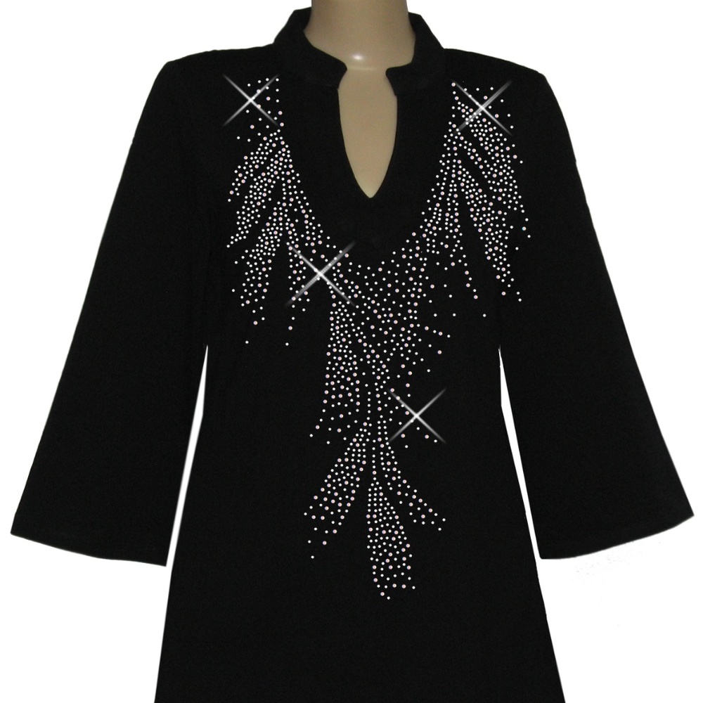 Rhinestone Decorated  Black Mandarin V-Neck Tunics